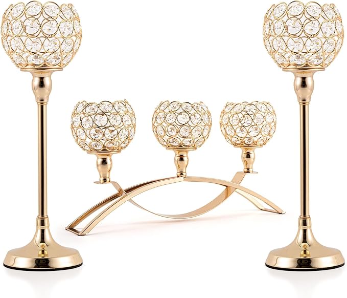 Set of 3 Gold Candle Holders Wedding Table Centerpieces,Tealight Candlestick Candelabra Stand with 3 Arms for Fireplace Home Living Room Decor,Valentine's Day Housewarming