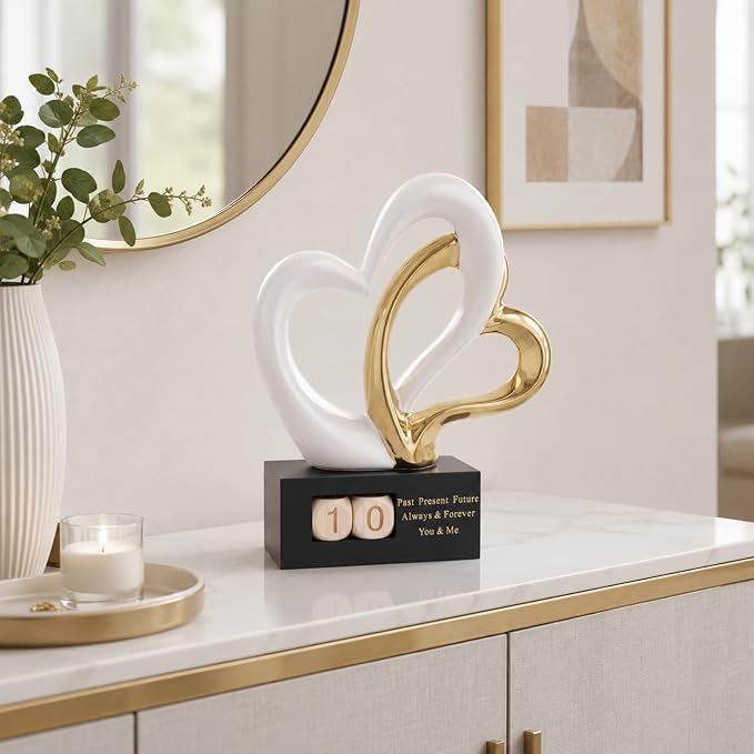 Ceramic Heart Sculpture with Date Blocks, White Gold Hearts Statue for Home Decor, Romantic Valentines Day & Wedding for Couple, Shelf Mantel Tabletop Display (White Gold)