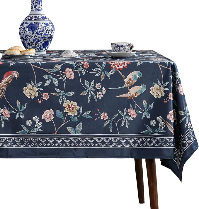 patdrea Elegant Vintage Linen Tablecloth,Rectangular,87"x63"-Lanruoting | Chinoiserie Table Cloth for Rectangle Table,Blue Oriental Bird Floral Print,Dining Tea Party Thanksgiving Table Decor