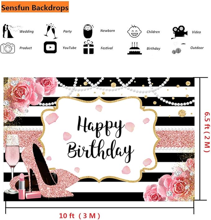 Sensfun 10x6.5ft Pink Floral Happy Birthday Backdrop for Women Glitter Rose Gold High Heel Champagne Photography Background Black Stripes Decorations Girl Sweet Birthday Party Banner Photo Booth Props