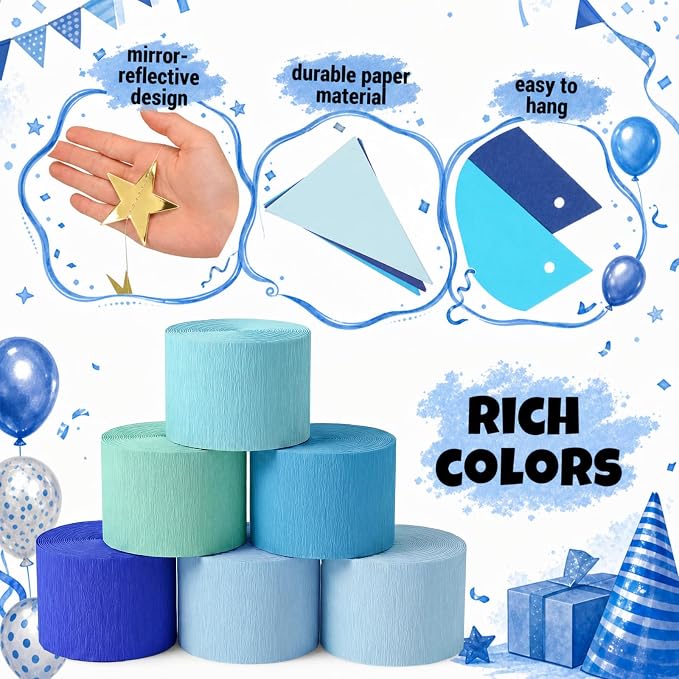 Frienda 14 Pcs Blue Party Decorations Set 492ft Colorful Crepe Paper Streamers, 52.8ft Gold Star Garlands Backdrop and 4 Pennant Banner Flags for Wedding Birthday Fancy Party Hanging Decorations
