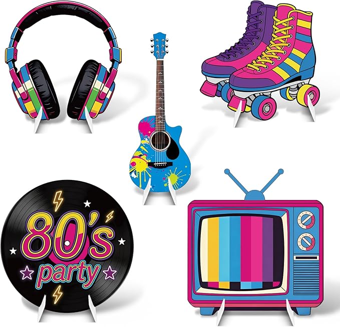 5Pcs 80s Party Decorations, Large Retro Disco Theme Cardboard Cutouts Guitar Headphone Roller Skates Vintage 80s Yard Sign for Neon Hip Hop Music Birthday Indoor Outdoor Photo Props Backdrop