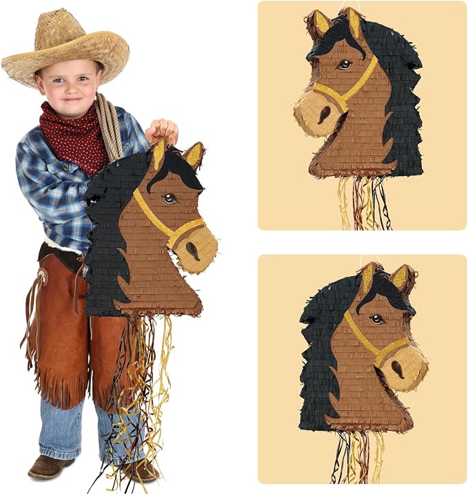 WERNNSAI Horse Piñata - Brown Horse Party Decorations Hanging Cowboy Piñata with Blindfold and Bat Western Cowboy Party Favors for Kids Boys Classroom Activities Kentucky Derby Games