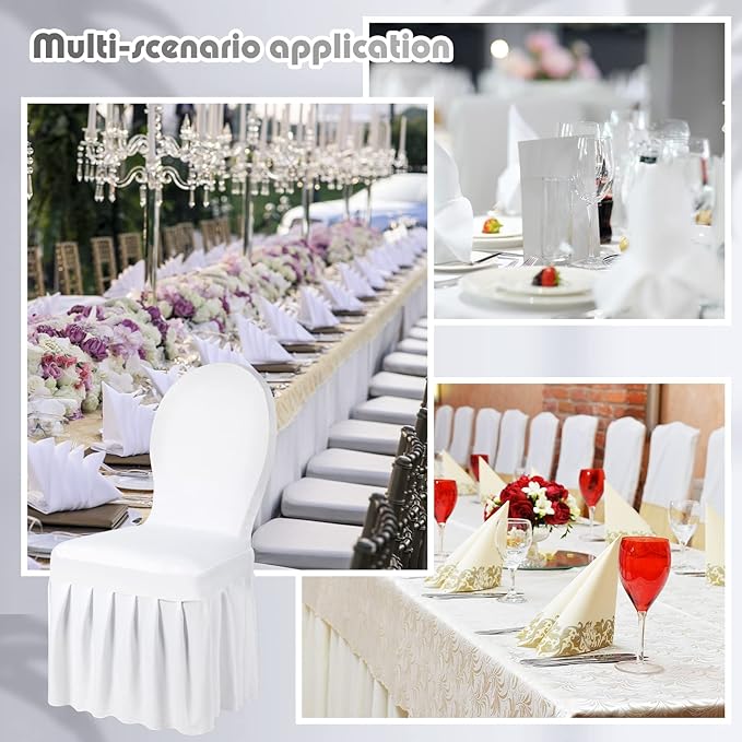 Oudain 10 Pcs White Chair Covers with Skirt Spandex Chair Slip Covers Wedding Long Stretch Protectors Removable and Washable for Dining Chairs Hotel and Wedding Ceremony