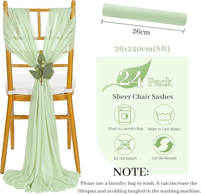 QueenDream Wedding Chair Sashes Aisle Decorations: 24 Pack Sage Green Chair Cover 8FT Long Tulle Draping Fabric Reception Church