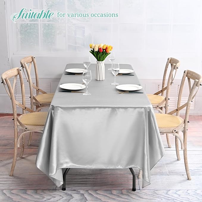12 Pack Silver Satin Tablecloth, 57 x 108 Inch Silky Satin Table Cloth, Rectangle Bright Silk Tablecloth Smooth Fabric Table Covers Overlay Silky Table Decoration for Wedding Party Banquet Birthday