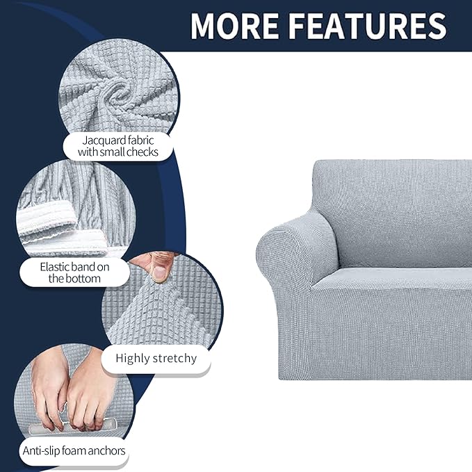 Cupuamon 2026 New Stretch Loveseat Sofa Slipcovers Couch Cover for 2 Cushion Furniture Protector Sofa Covers with Elastic Bottom Jacquard Fabric Small Checks for Pets, Kids - Silver