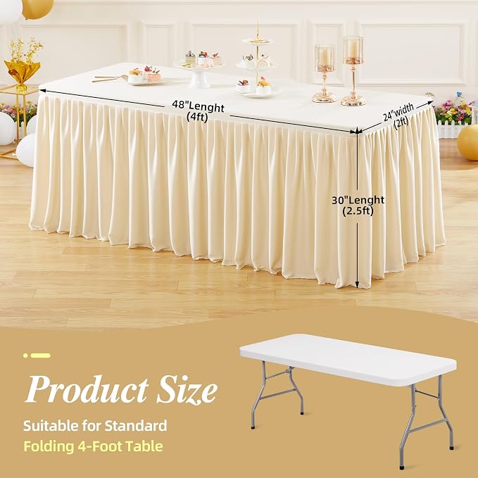 1 Pack Champagne Tablecloths for Rectangle Tables 4ft, Wrinkle Resistant Spandex Tablecover Fitted Stretch Table Cloth with Pleated Ruffle Table Skirts for Party Banquet Dining Birthday Wedding