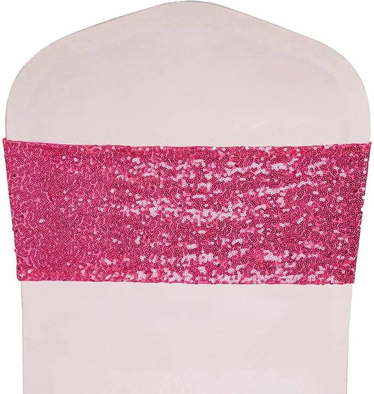 Pack of 50 Stretch Sequin Chair Sashes Chair Bands One-Sided Sequins Decor for Hotel Wedding Reception Events Party Chair Cover Decoration (Magenta)