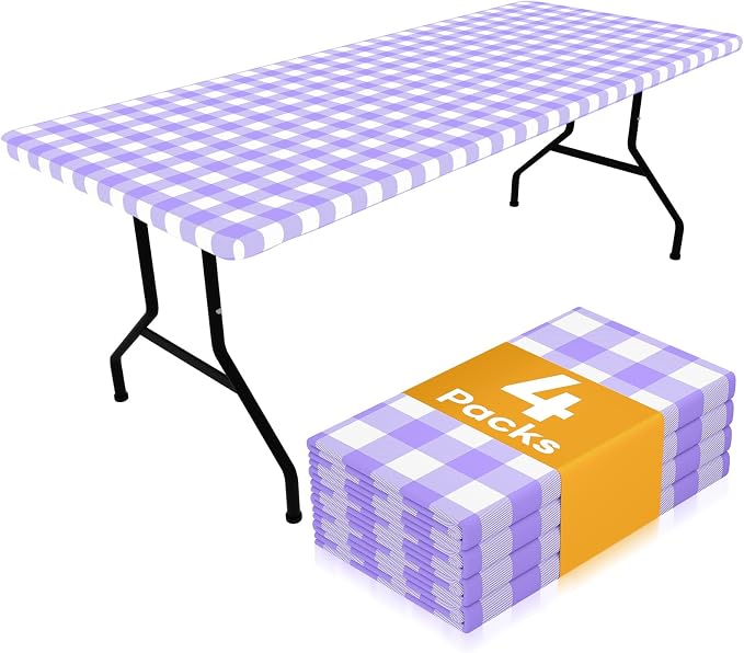 Smiry Picnic Table Cloth 4 Pack, Waterproof Elastic Fitted Tablecloths for 6FT Rectangle Tables, Washable Polyester Buffalo Plaid Tablecloth for Camping, Dining & Outdoor (Purple & White, 30" x 72")