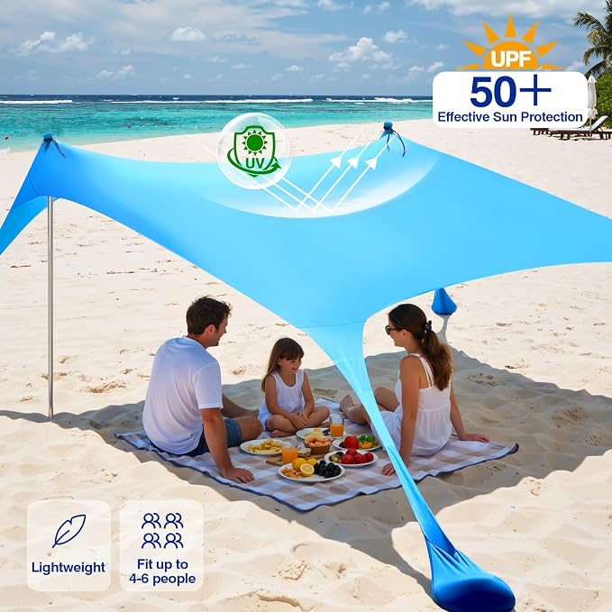 Rhino Valley Beach Tent, 7 x 6.5 Ft Beach Shade UPF50+ Protection, Beach Canopy with 4 Sandbags 2 Stability Poles, Outdoor Beach Tent Sun Shelter Umbrella for Sand,Camping,Fishing Essentials, Sky Blue