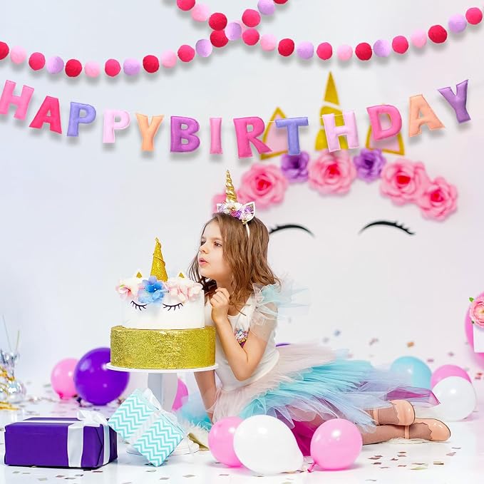 Mindsoft 2 Pcs 9.83ft Pre Strung 3D Happy Birthday Felt Fabric Banner with Ball Garland Reusable Pom Pom Garland for Birthday Party Decorations Sign Photo Prop Boys Girls(Pink Purple Color)