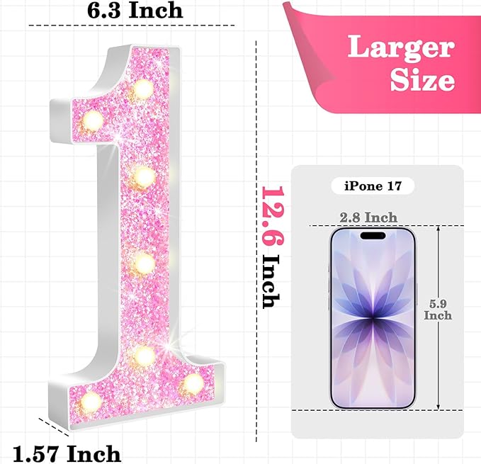 12.6 Inch LED Pink Marquee Light Up Numbers, Sweet 1st Birthday Decorations Number Lights as Gifts for Girls Women, Glitter Lighted Marquee Numbers for Pink Anniversary Party Table Decor, 1