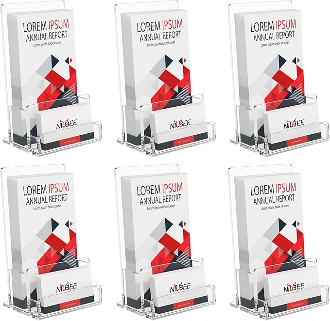 NIUBEE 6-Pack Acrylic Brochure Holder 4‘’ , Clear Brochure Display Stand with Acrylic Business Card Holder, Plastic Flyer Display Stand for Magazine, Pamphlet, Booklets, Menu, Journals, Business Card