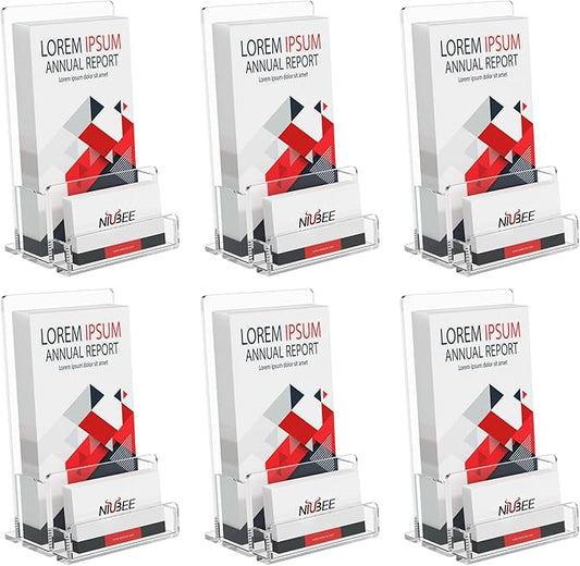 NIUBEE 6-Pack Acrylic Brochure Holder 4‘’ , Clear Brochure Display Stand with Acrylic Business Card Holder, Plastic Flyer Display Stand for Magazine, Pamphlet, Booklets, Menu, Journals, Business Card