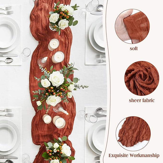LemonRoad 4 Pcs 20ft Cheesecloth Table Runners Extra Long Boho Rustic Gauze Fabric Cheese Cloth Runner for Wedding Decorations Baby Shower Party Supplies Boho Table Bridal Shower Decor (Terracotta)