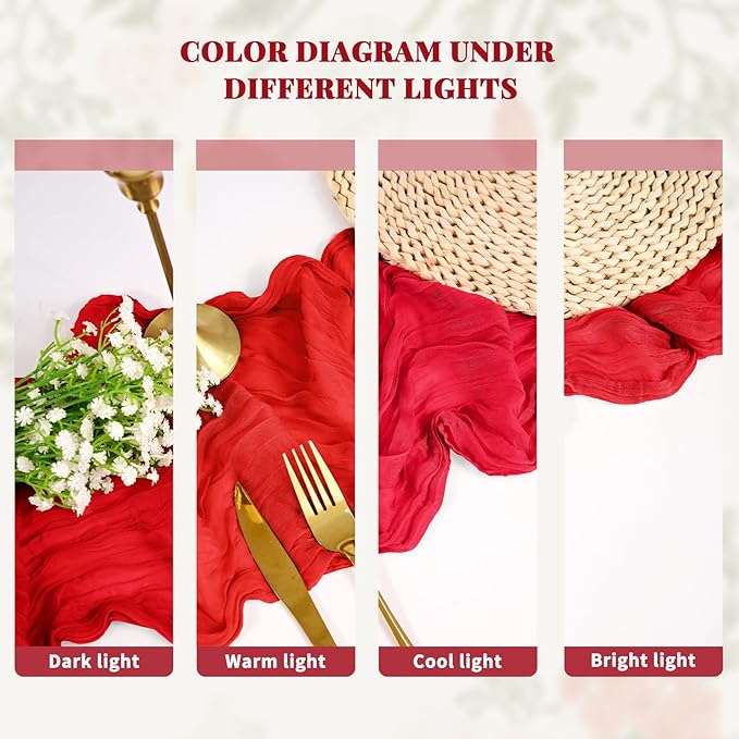 24 Pack Cheesecloth Table Runner,Red Table Runner Long Romantic Semi Sheer Rustic Boho Gauze Table Runners for Wedding Bridal Shower Birthday Party Decorations(17.7×108 Inch)