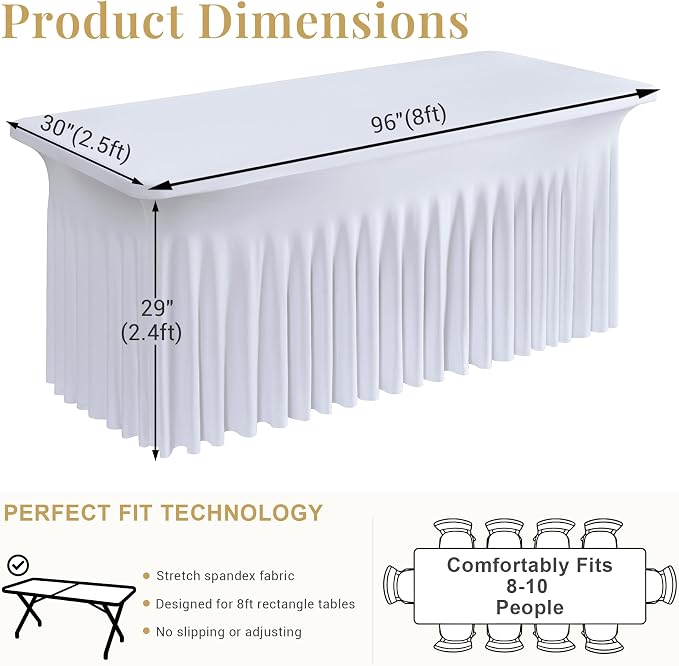 White Spandex Table Cloths for 8 Foot Rectangle Tables, 2 Pack Wrinkle Free Fitted Table Cover 8ft Tablecloth Stretchy Table Skirt for Parties Weddings Banquet Birthday Baby Shower