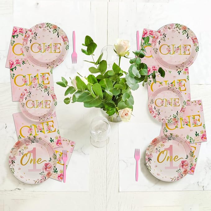 96Pcs 1st Birthday Party Supplies - Girls' One Year Tableware with Floral Birthday Plates, Napkins, Dinnerware, Decorations & Favors for Baby Shower, Serves 24
