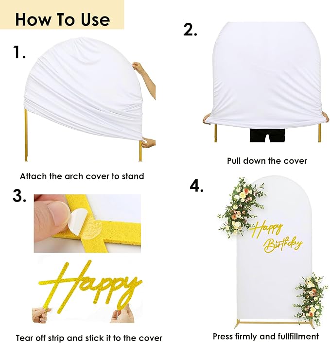 HAINARverS 7.2FT White Arch Backdrop Cover Spandex with Glitter Gold Happy Birthday Sign for Wedding Birthday Party Ceremony Banquet Decoration（White）