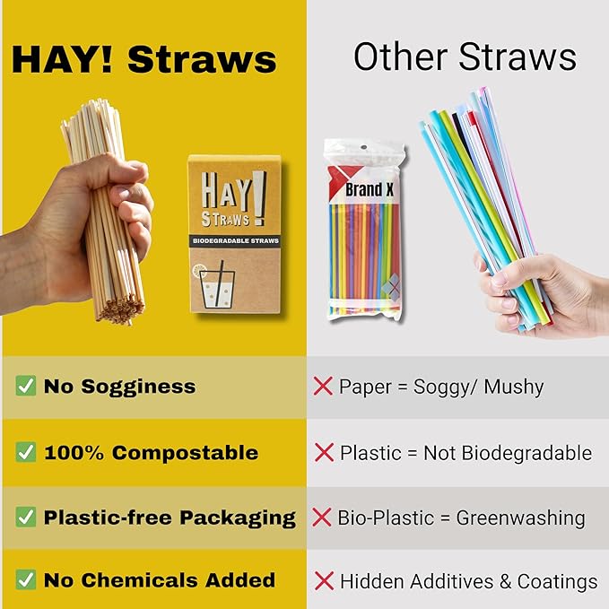 Hay Straws 8 inch Individually Wrapped Compostable Drinking Straw Eco Friendly, 250 Count Biodegradable Disposable Straw for Juices, Smoothies, Plant-Stem Straws, No Paper, Plastic-Free (5–6.5mm)