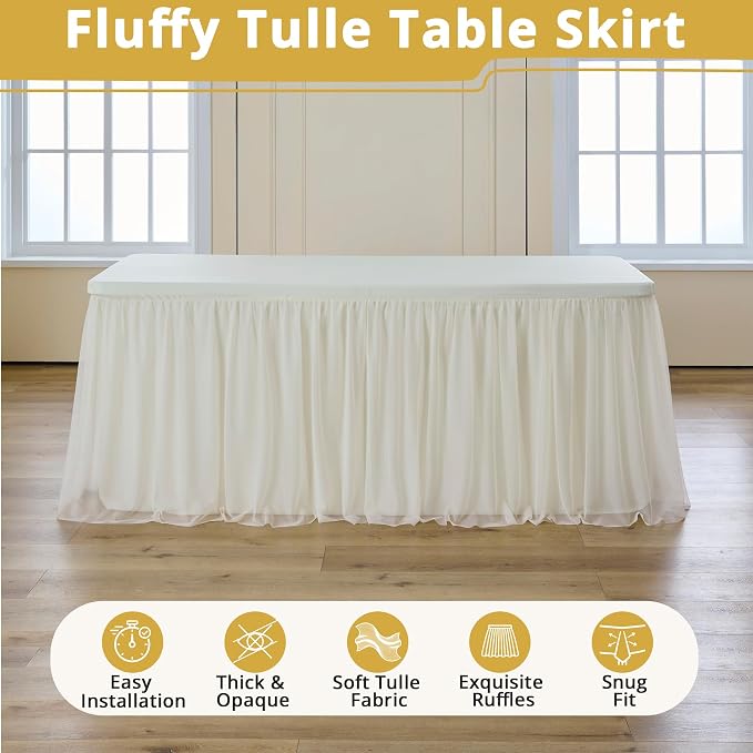 6-Pack Ivory Tulle Tablecloth for 6 Ft Rectangle Tables – Elastic Spandex Table Cover with Tutu Skirt, Wrinkle Free for Wedding, Birthday Party, Banquet Buffet, Craft fairs