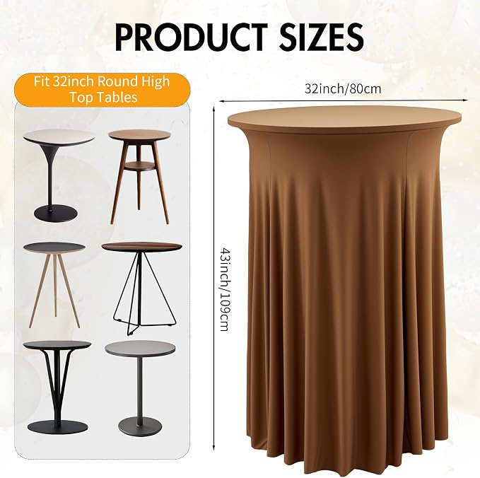 2 pk Brown Cocktail Table Cloth Round 32×43in-High Top Highboy Bar Coffee Cocktail Tablecloths-Wrinkle Free Stretchy Fitted Spandex Table Covers with Ruffle Desk Skirt for Wedding Banquet Party Tables