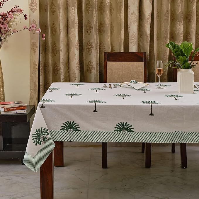 Ridhi Green Palm Hand Block Print Cotton Rectangle Tablecloth 120" x 80" inches Reusable Table Cover Decorative Everyday Use for Dining Room, Farmhouse, Home Gift for Spring, Mother's Day