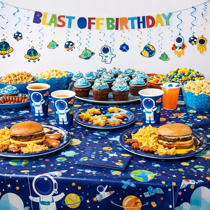 Serves 30 Complete Party Pack Outer Space Party Theme 9" Dinner Plates 7" Plates 30 Cups 2 Table Cover 30 Napkins 30 Beverage Napkins Blast off Birthday Banner 14 Swirls 12 Photo Props Space Birthday