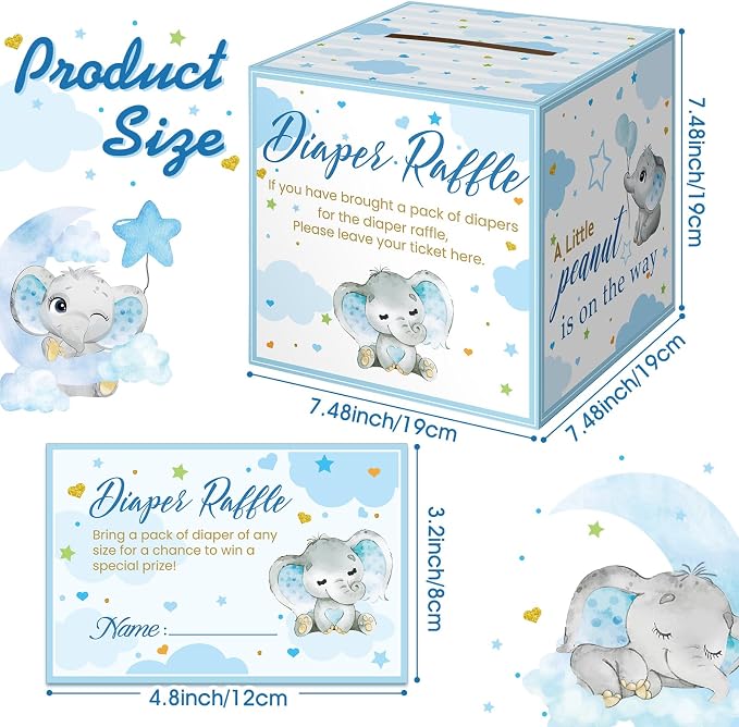 Teling 51 Pieces Diaper Raffle Tickets with Card Box Baby Shower Decorations Baby Shower Holder Box for Girl Boy Diaper Raffle Party(Blue Elephant)