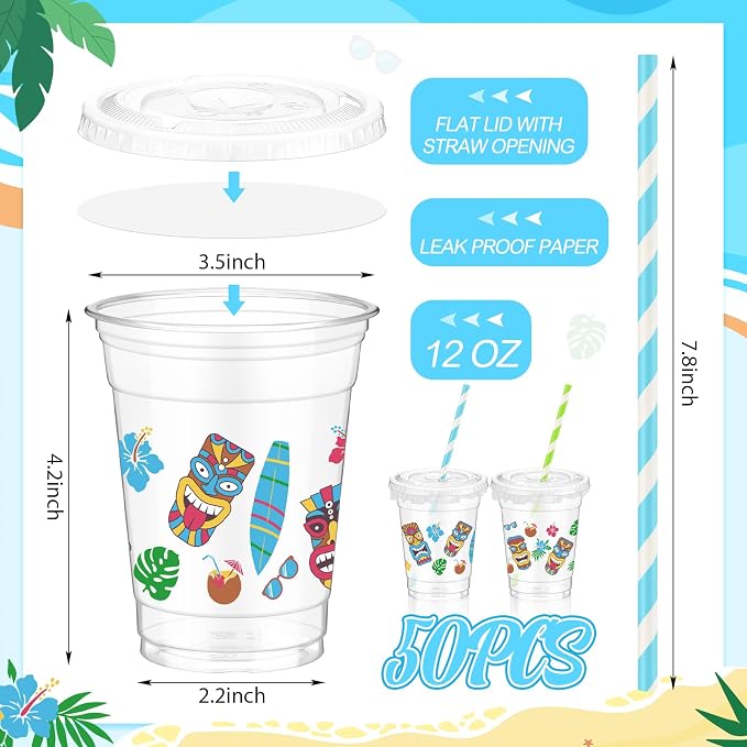 FoldTier Hawaiian Party Decorations Cups 12 oz Luau Party Decorations Plastic Cold Drinks Tiki Cups Clear Disposable with Lids Straws for Summer Holiday Tropical Supplies