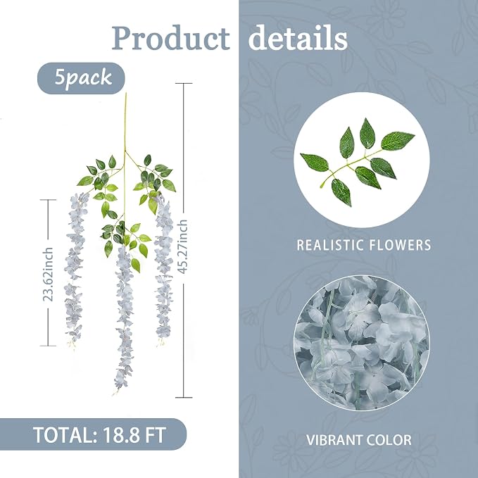 5 Pack Grey Wisteria Hanging Flowers Garland, 3.77 Feet Artificial Flower Vines, Fake Wisteria, Artificial Vines Hanging Garland for Backdrop Outdoor Yard Garden Decor