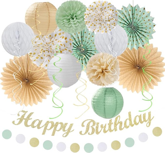 Champagne-Gold White Sage-Green Women Birthday Decorations Huglony | 21pcs Boho Party Happy Banner,Streamers,Paper Lanterns,Pom Poms Fans 13th 18th 21st 30th 40th 50th 60th Birthday Backdrop