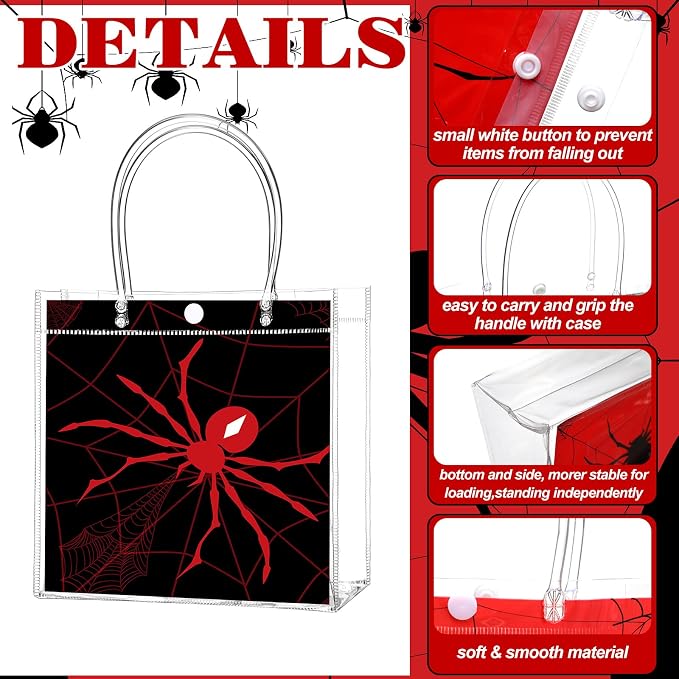 Teenyyou 24 Pcs Spider Party Favor Bags Bulk Spider Web Clear PVC Goodie Reusable Transparent Treat Snack Cookie Candy Bags with Handles for Birthday Party Supplies