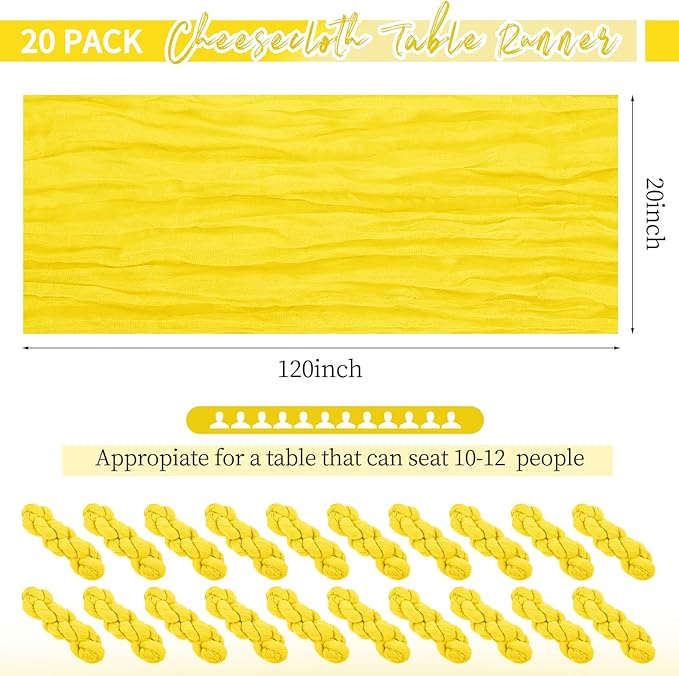 20 Pack Yellow Cheesecloth Table Runner 10Ft Boho Gauze Long Romantic Sheer Fabric for Wedding Party Bridal Shower