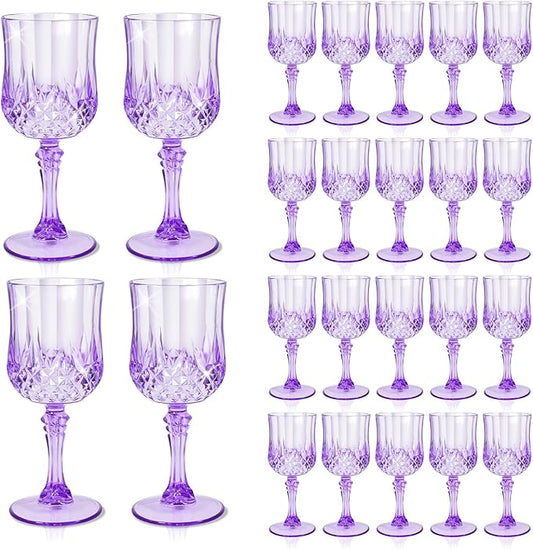 CHLJAR 7oz Plastic Vintage Drinking Glasses Wine Glasses Vintage Champagne Flutes Unbreakable Wedding Glassware Crystal Water Goblets Reusable Drinkware (Purple, 24 PCS)