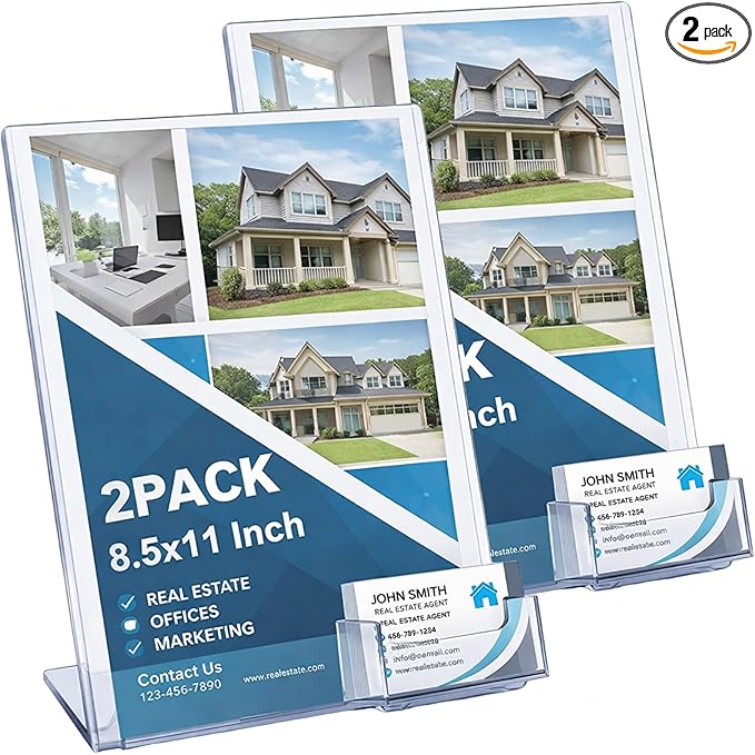 Vicenpal Acrylic Flyer Stand Sign Holder with Business Card Holder 8.5 x 11 Clear Brochure Display Stand with Business Card Pocket for Magazine Pamphlet Booklets Menu Desktop(2 Pcs)