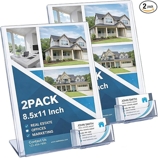 Vicenpal Acrylic Flyer Stand Sign Holder with Business Card Holder 8.5 x 11 Clear Brochure Display Stand with Business Card Pocket for Magazine Pamphlet Booklets Menu Desktop(2 Pcs)