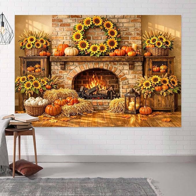 8 x 6 ft Fall Backdrop Fall Fireplace Harvest Pumpkins Maple Leaves Sunflower Background Rustic Friendsgiving Thanksgiving Family Party Decorations Backdrop Photo Props Supplies