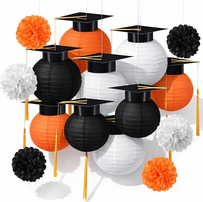 Gilprop 15 Pcs Black and Orange Graduation Decoration 2026 Paper Lanterns Graduation Party Decorations Hanging Round Paper Lanterns with Black Grad Hat Tassel for Congratulation Grad Decorations