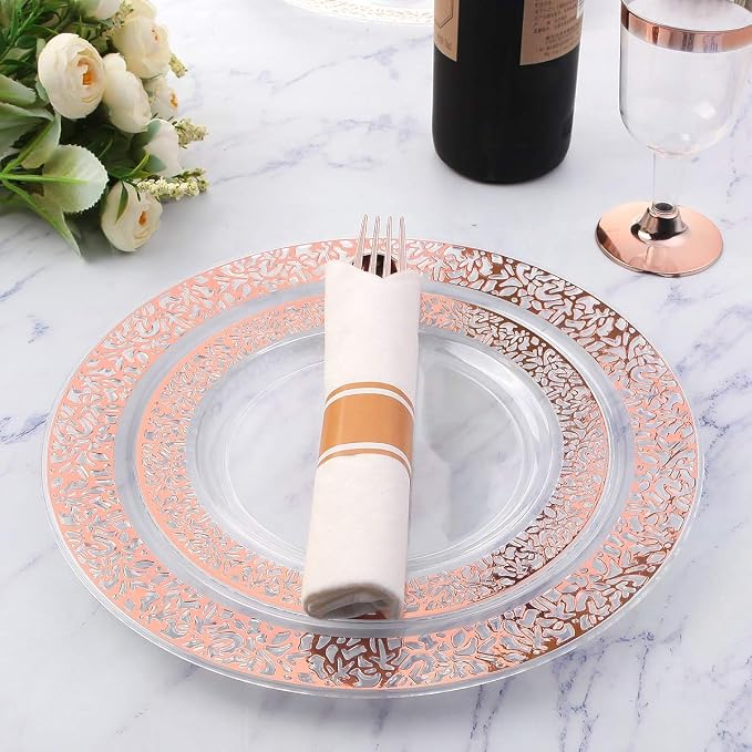 Supernal 30 Pack Pre Rolled Rose Gold Plastic Silverware with Linen Feel Napkin, Heavy Duty Disposable Wrapped Cutlery Set for Bridal Showers, Weddings, Birthdays & 2026 Graduations