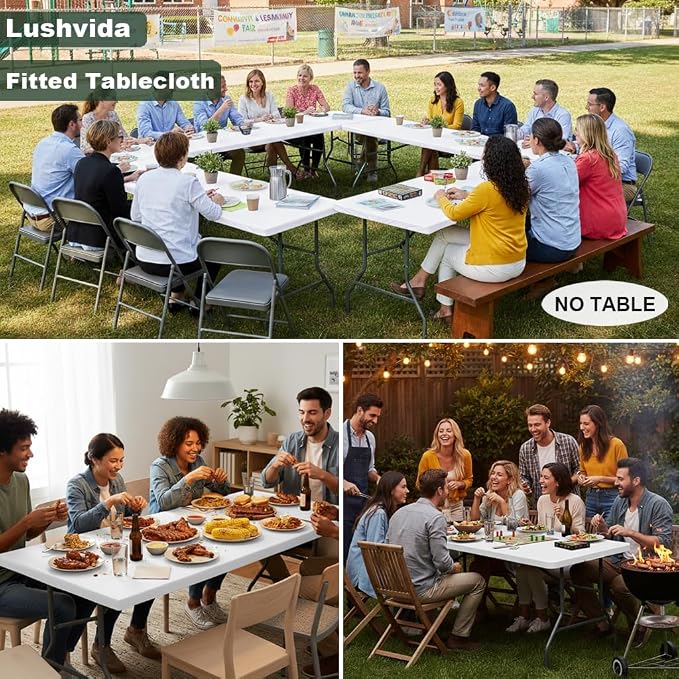 LUSHVIDA 6 Packs Vinyl Tablecloths with Flannel Backing for 6ft Rectangle Folding Table Cloths - Waterproof Plastic Picnic Table Covers with Elastic Corners, 30x72 inch, White