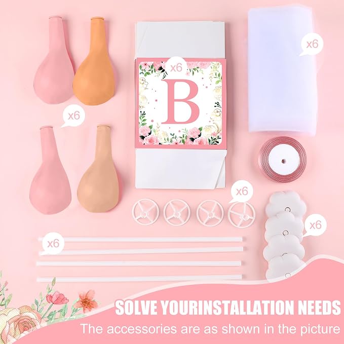 6 Set Pink Brown bear Tulle Tutu Balloon with Letter Boxes Baby Shower Table Centerpieces Decor for Gender Reveal 24'' Balloons White Tulle Cover with Stand, Boxes for Girl Boy Wedding Birthday Party