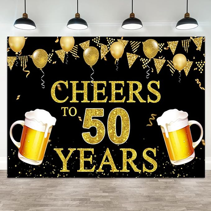 9x6ft 50th Birthday Backdrop Cheers to 50 Years Photography Background Golden Balloon Beer Men Women 50th Birthdays Party Banner Decorations Anniversary Celebration Parties Photo Booth Prop