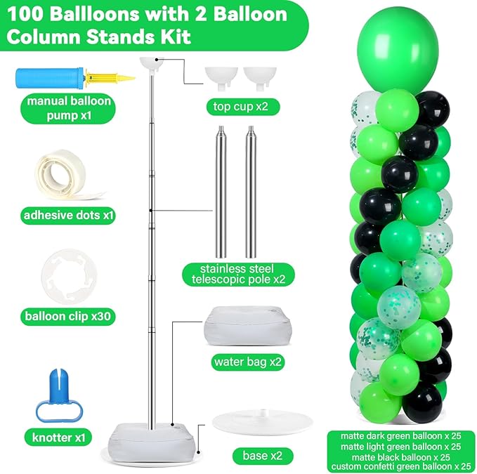 2 Sets Green and Black Balloon Column Stand Kit with 102 Balloons Adjustable Balloon Tower Stand with Bases for Floor Confetti Balloons Column Kit for Graduation Birthday Appreciation Party Decor