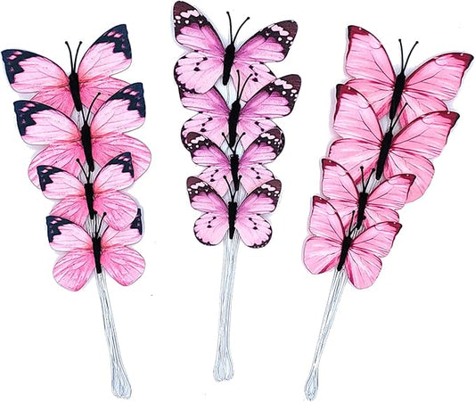 12 Pcs Artificial Butterfly Decorations, 2 Sizes Butterfly Decor for Crafts, DIY 3D Unique Decorative Butterflies for Fake Flowers Easter Spring Fall Wedding Party Home Decor (Pink)