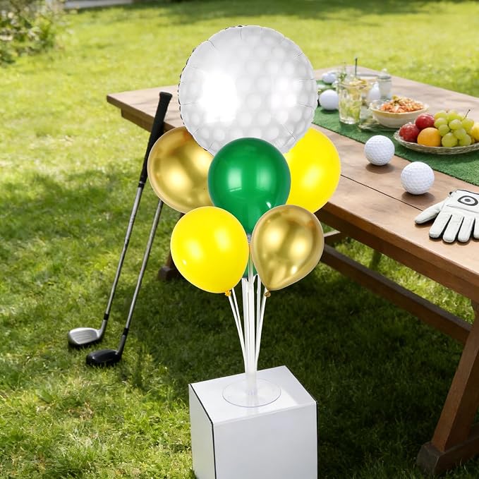 Golf Party Balloons Stand Kit 2 Sets With 2 White Golf Balls Foil Balloons Centerpieces for Tables Sports Party Dark Green Yellow Gold Balloon for Baby Shower Golfing Sports Theme Birthday Decorations