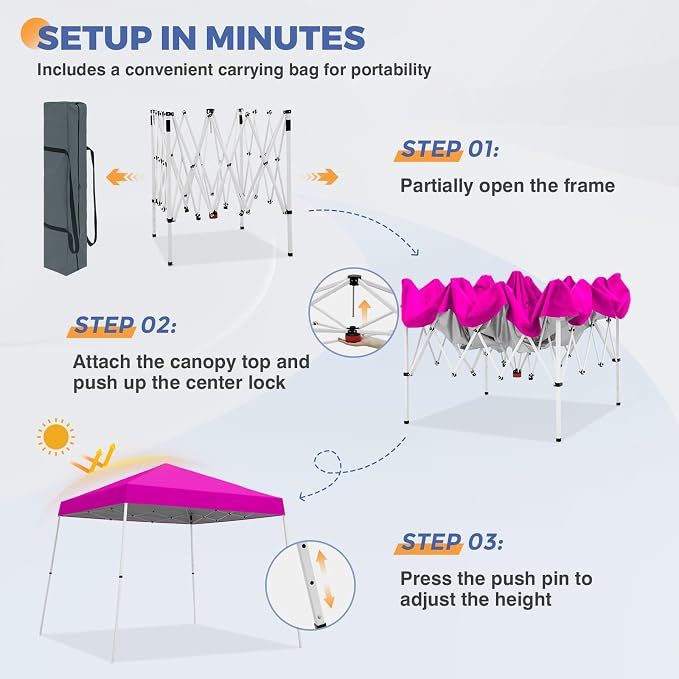 COOS BAY 10x10 Pop Up Canopy Tent, Portable Outdoor Shelter with Carry Bag for Tailgate, Party, Beach, Picnic, and Camping, 10x10 Base 8x8 Top, Pink