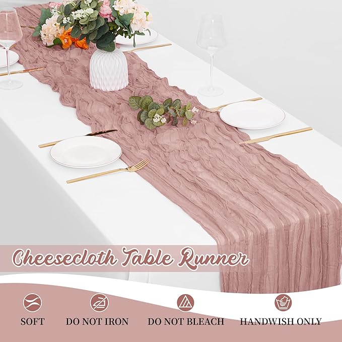 8 Pack Dusty Pink Cheesecloth Table Runners 20x120 Inch Gauze Table Runner Cheese Cloth 10FT Pink Table Runner Rustic Sheer Runner for Wedding Birthday Party Baby Shower Table Decor