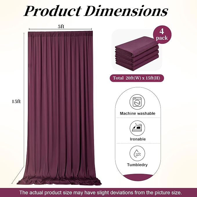 20ft x 15ft Burgundy Backdrop Curtains for Wedding Parties, 4 Panels Extra Long Wrinkle Free Fabric Drapes Photo Backdrop for Baby Shower Birthday Stage Reception Lobby Decoration